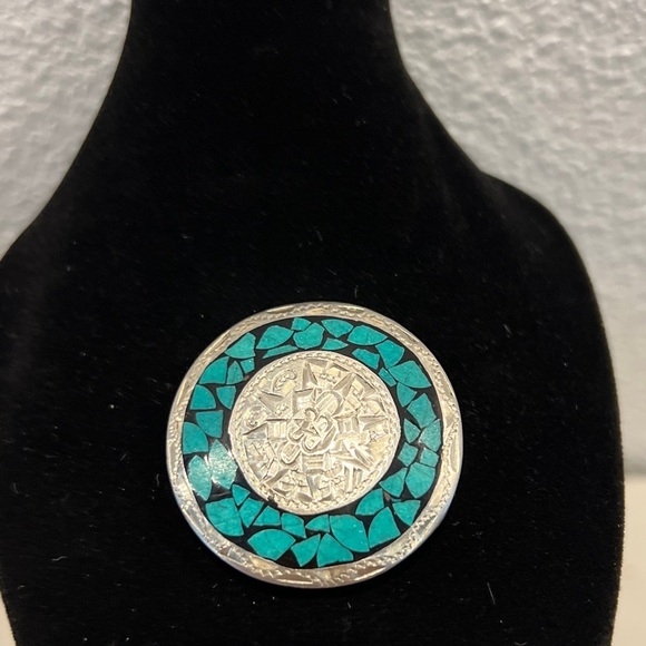 Vintage Sterling Silver Inlaid Turquoise Aztec Pin Brooch Pendant 1 1/2’ Round - Picture 1 of 8